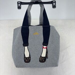 Mis Zapatos Grey Jersey Tote Bag Leopard Heels Denim Handle Whimsical Graphic